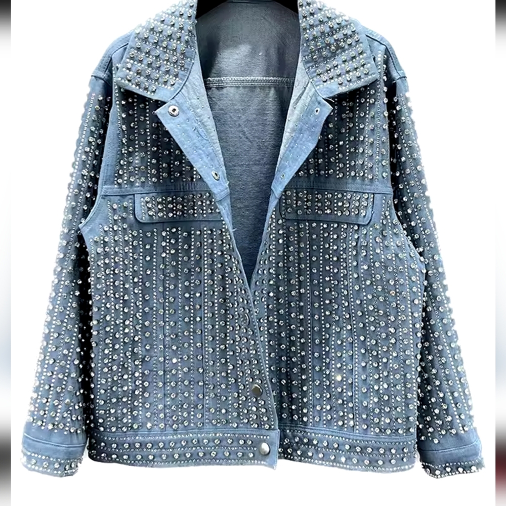 Patchwork Rivet Denim Jacket Women Fashion Lapel Long Sleeve - Picture 6 of 7